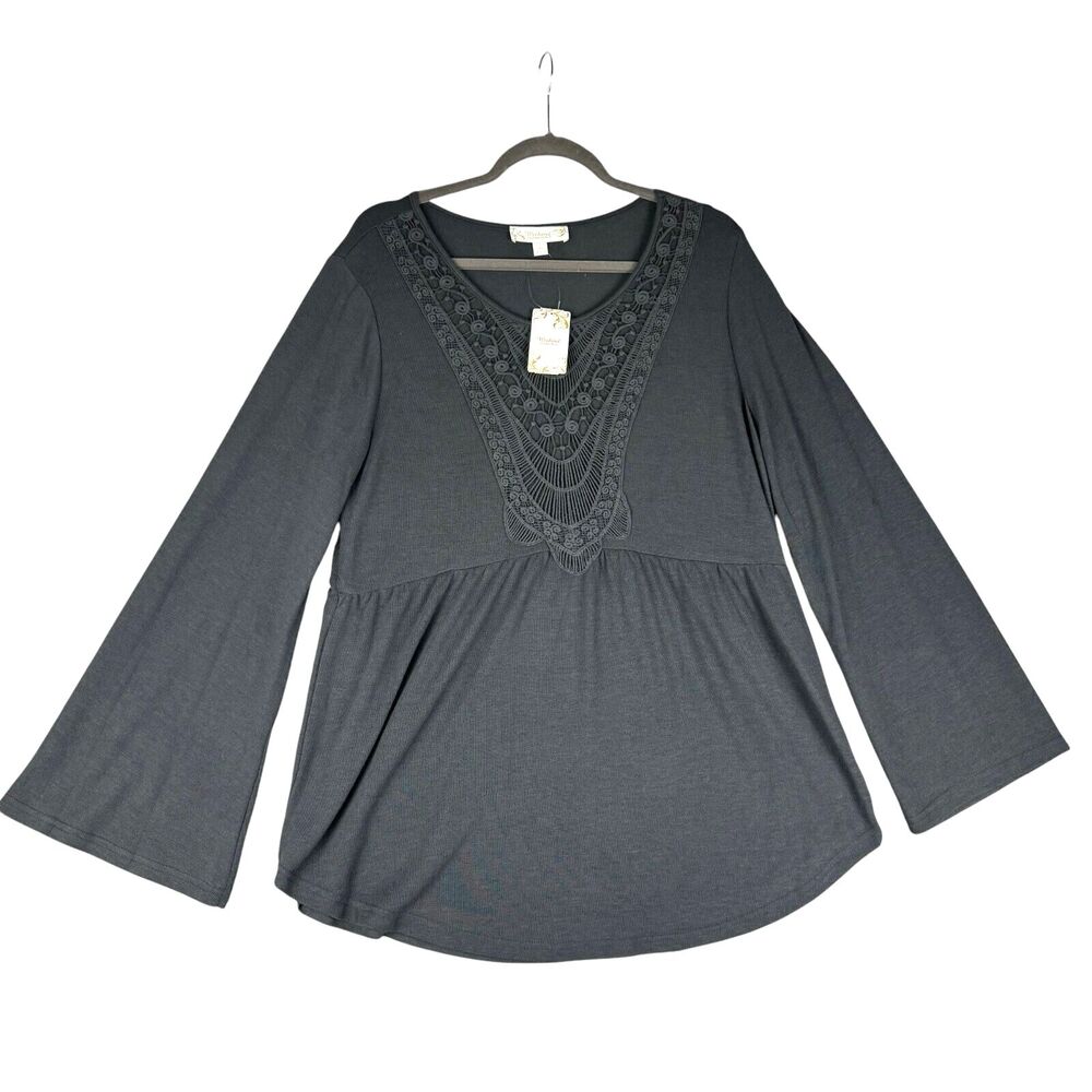 Weekend Suzanne Betro Blouse Women's Large Black Bell Sleeve Lace Shirt Top NWT